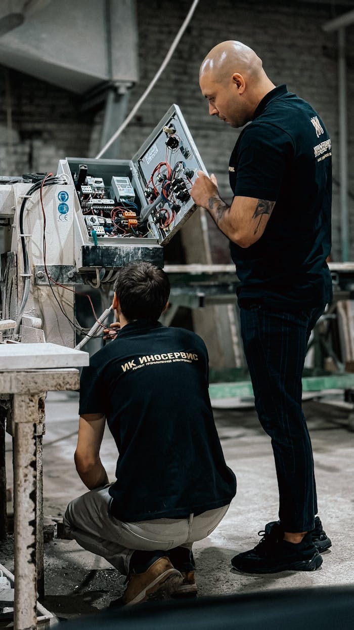 Two technicians repairing industrial machinery indoors, one standing, one kneeling.