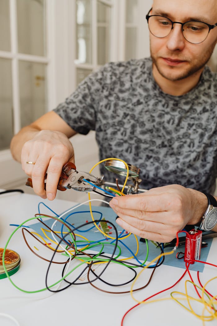Caucasian man using pliers to work with a variety of colored cables indoors.